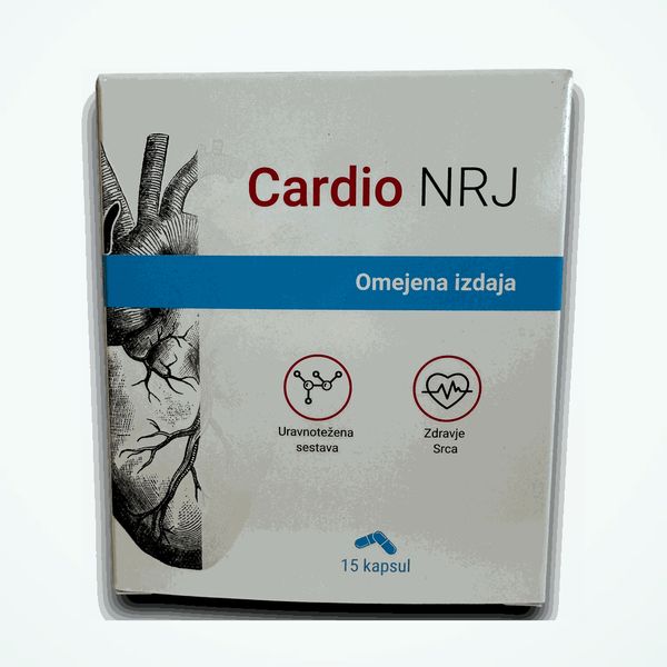 Bela škatla Cardio NRJ z risbo srca in napisom Omejena izdaja, 15 kapsul