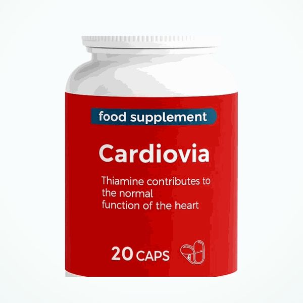 Bela plastenka Cardiovia z rdečo etiketo in napisom 20 caps