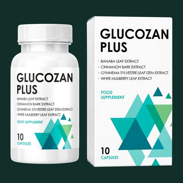 Bela plastenka in škatla Glucozan Plus z 10 kapsulami na temno zelenem ozadju