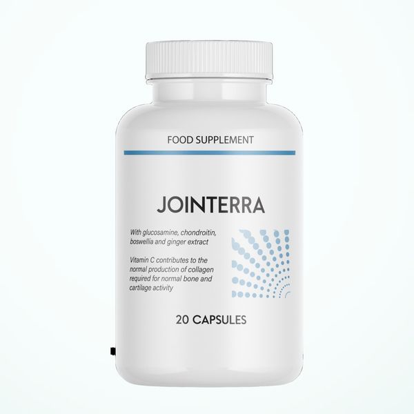 Bela plastenka Jointerra z napisom Food Supplement, 20 kapsul
