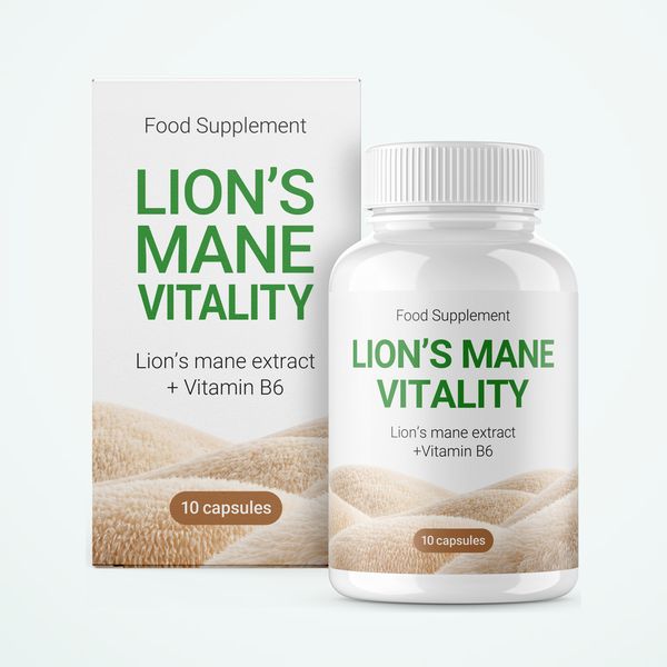 Bela škatla in plastenka Lion's Mane Vitality z 10 kapsulami
