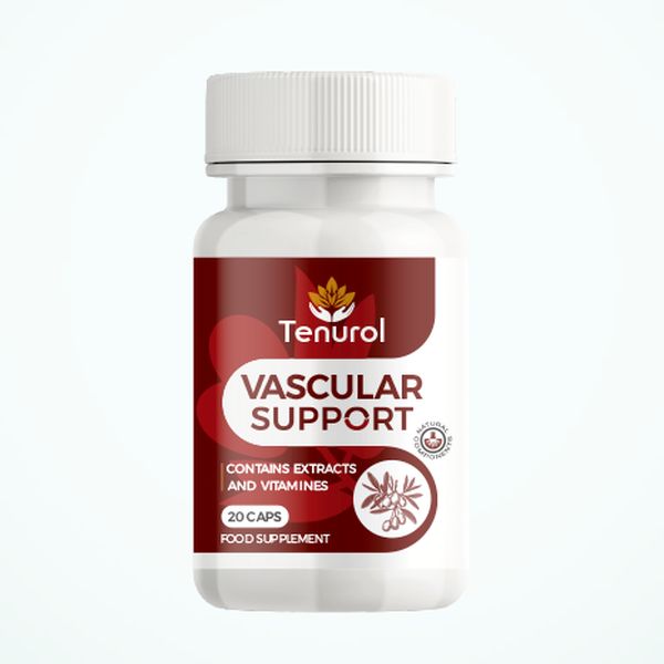 Bela plastenka Tenurol Vascular Support s temno rdečo etiketo, 20 kapsul